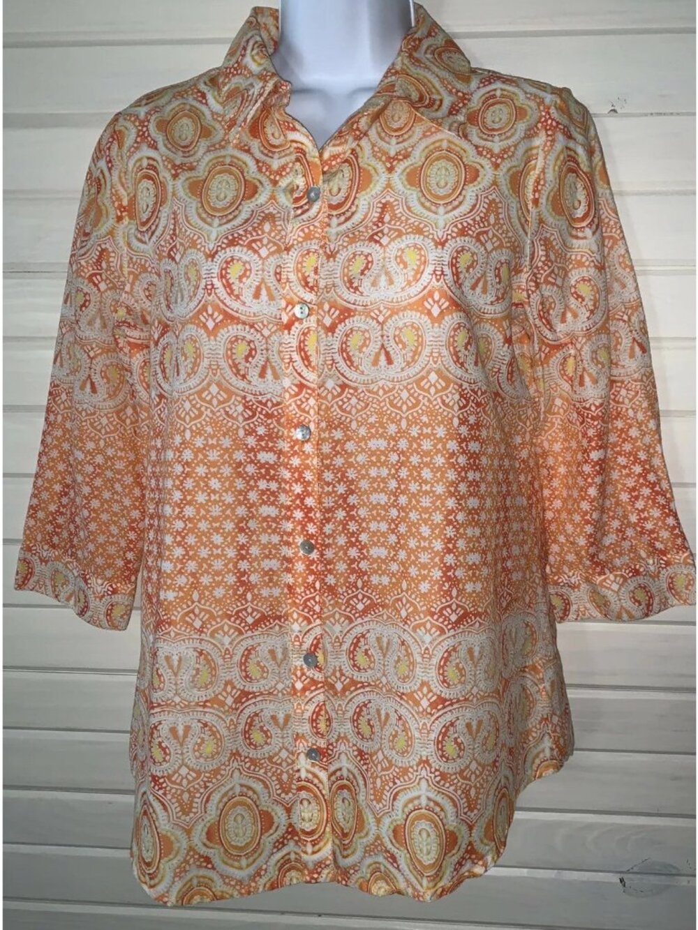 CHICO'S Sz 0 (SMALL) Top 100% Cotton Orange Mandala Button Up Lightweight EUC